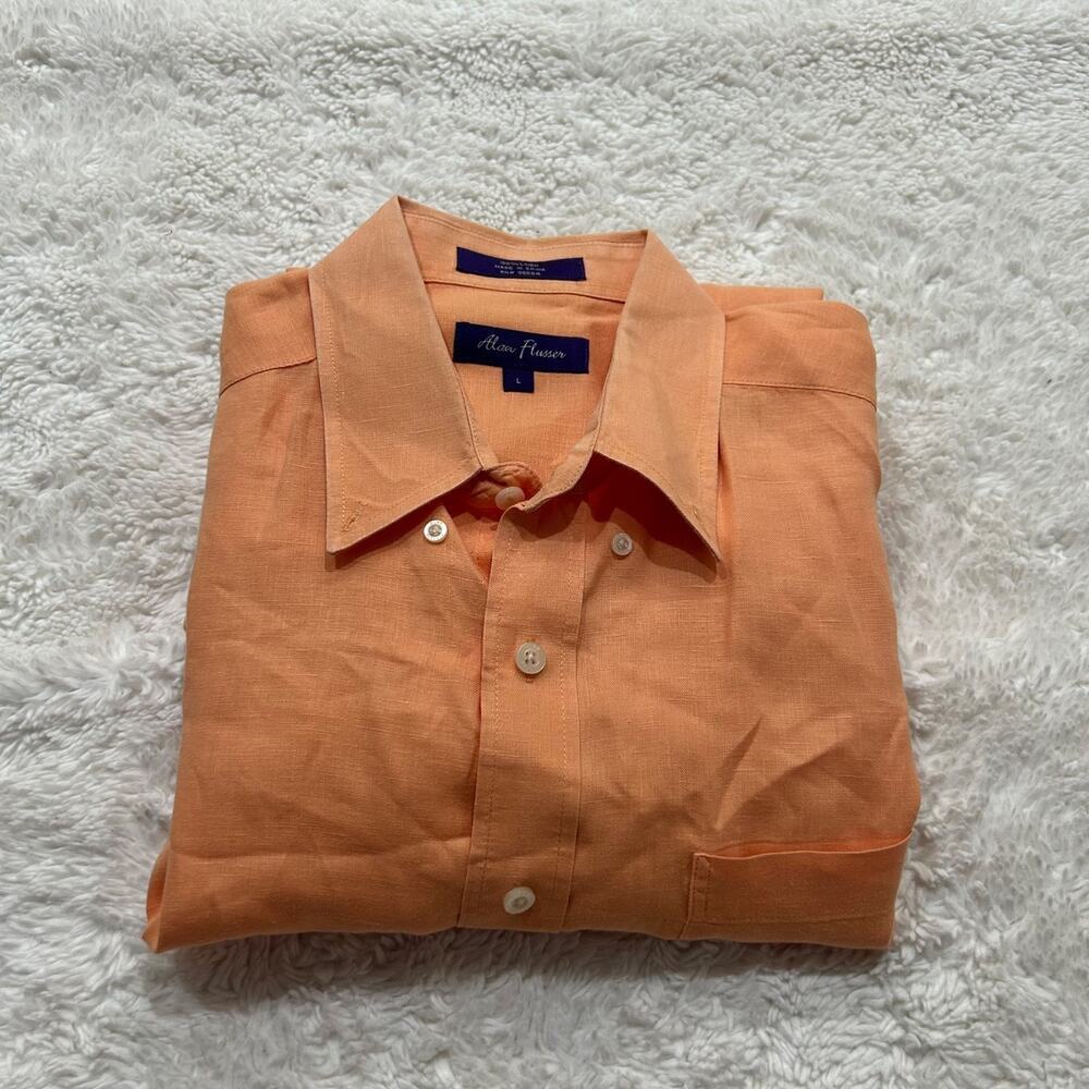Alan Flusser Men's Linen Shirt Orange Button Up Short Sleeve VGC Sz L